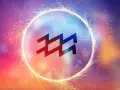 Símbolo de Acuario ascendente Acuario, rodeado de chispas y otros signos zodiacales.