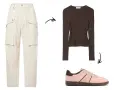 Outfit con pantaloni cargo color crema, maglia marrone a coste e sneakers rosa.