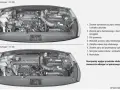 Silnik benzynowy Hyundai ix35 2.0. Widok komory silnika z zaznaczonymi elementami: zbiornik płynu chłodzącego, hamulcowego, filtr powietrza, wskaźnik oleju, akumulator.