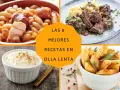 Collage de cuatro platos: judías con chorizo, estofado de carne, arroz con leche y patatas asadas.