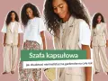 Szafa kapsułowa: minimalistyczna garderoba na cały rok. Modelka prezentuje beżowy garnitur w paski, kamizelkę i sukienkę.