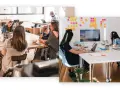 Menschen im **Kommunikationsdesign Studium** arbeiten in Teams an Projekten, tauschen Ideen aus und nutzen Laptops.