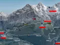 Map showing the scenic route from Wengen to Jungfraujoch, the Top of Europe, with trains and cable cars traversing snowy peaks.