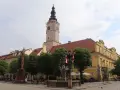 Wieża ratuszowa w Świdnicy góruje nad rynkiem, ozdobiona polskimi flagami. Obok fontanna i zabytkowe kamienice.