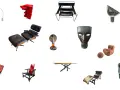 Collezione di iconici oggetti di design famosi: lampada arco, sedia Eames, maschera, poltrona, macchina da scrivere e altro ancora.
