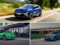 Trzy różne **Renault modele**: niebieski SUV na drodze, zielony kompaktowy samochód przed budynkiem i szary SUV na podjeździe.