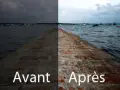 Avant/Après : un quai en pierre sombre et un quai lumineux avec des bateaux. Un exemple de retouche avec GIMP français.