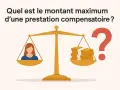 Une balance pèse une personne et des liasses de billets. La question porte sur le montant prestation compensatoire.