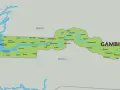 Mapa Gambii z zaznaczonymi miastami i rzeką. Planujesz podróż? Sprawdź, gdzie znajduje się **Gambia wiza** i jakie miejsca warto odwiedzić.