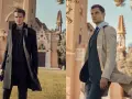 Hombres elegantes con abrigos largos, como gabardinas y abrigos de lana, posan frente a una mansión.