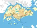 Mapa pokazuje, gdzie leży Singapur, otoczony przez Malezję i Indonezję, z licznymi wyspami i cieśninami.