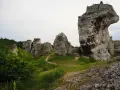 Skały wapienne na wyżynie krakowsko-częstochowskiej, z ruinami zamku w tle.