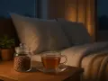 Une tasse de thé fumant et un pot de la valériane sur une table de chevet, près d'un lit douillet.