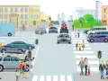 Traffico cittadino con auto, furgoni, ciclisti e pedoni che attraversano la strada. Un'opera d'arte che cattura la vita urbana.
