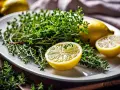 Un bouquet de thym frais et des citrons coupés en deux sur une assiette blanche, prêts pour une infusion thym citron réconfortante.