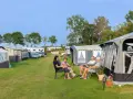 Familj njuter av en solig dag på en av Sveriges billiga campingar. Husvagnar och tält står uppradade på en grön gräsmatta.