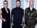 Trzech polskich projektantów mody: elegancka kobieta w okularach, mężczyzna w czarnym golfie i ekstrawagancki pan w złocistym szlafroku.