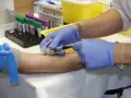 Pobieranie krwi do badań. Ręce w niebieskich rękawiczkach pobierają krew z żyły pacjenta do probówki. W tle stoją probówki z zielonymi i fioletowymi nakrętkami.