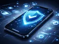 iPhone z tarczą ochronną i ikonami bezpieczeństwa na tle cyfrowym.