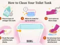 Steps to clean toilet tank: pour vinegar, soak, turn off water, flush, scrub with disinfectant.