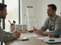 Un entrepreneur discute avec un couple des termes de la loi sur les acomptes pour travaux. Des pots de peinture et des pinceaux sont visibles.