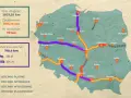 Mapa Polski z zaznaczonymi odcinkami autostrady A4, w tym płatnymi (fioletowy), istniejącymi (pomarańczowy), w budowie (czerwony) i planowanymi (szary).
