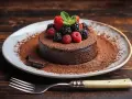 Delicioso soufflé de chocolate cubierto con frutos rojos y menta, espolvoreado con cacao. ¡Un postre irresistible!