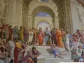 Une scène de l'art de la Renaissance, avec des figures antiques discutant dans une architecture grandiose.