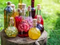 Fruchtige Liköre in Flaschen, bereit zum schnaps selber machen. Mit Beeren, Kräutern und Früchten gefüllt.