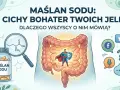 Maślan sodu: cichy bohater jelit. Na obrazku buteleczka suplementu, wzór chemiczny, jelita z superbohaterem i ikony mediów społecznościowych.