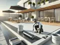 Hombre aplicando impermeabilizante para terrazas con rodillo en una moderna casa con mobiliario exterior.