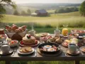 Obfite śniadanie z naleśnikami, jajkami sadzonymi, bekonem, owocami i pieczywem. Idealne wyżywienie BB na łonie natury.