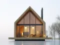 Nowoczesny dom z bali z dużymi przeszkleniami i widokiem na drzewa.