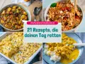 Vier leckere Gerichte: Gulasch mit Kartoffeln, Nudelsalat, Auflauf und Curry mit Reis. Was koche ich heute? Hier gibt's Inspiration!