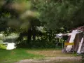 Namiot i krzesło na tle jeziora i lasu. Idealne pola namiotowe Mazury dla miłośników natury.