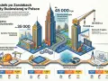 Ilustracja przedstawia schemat zarobków w branży budowlanej, z ikonami budynków i symbolami finansowymi.