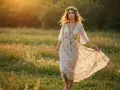 Kobieta w kwiecistej sukience i wianku na głowie, idealna inspiracja, jak się ubrać na wesele w stylu boho.