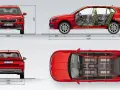 Skoda Kamiq wymiary: widok z przodu, boku, tyłu i z góry z zaznaczonymi wymiarami wnętrza i nadwozia.