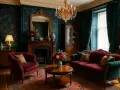 Elegancki salon w stylu wiktoriańskim z aksamitnymi meblami, bogatą tapetą i kryształowym żyrandolem.