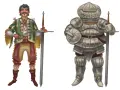 Siegmeyer de Catarina, un caballero con armadura completa, y otro hombre con atuendo renacentista, ambos sostienen espadas.