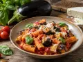 Pyszne danie z makaronu rigatoni z bakłażanem, pomidorami i bazylią. Idealne na Pasta alla Norma przepis.