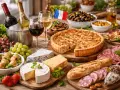 Un festin français : quiche, fromages, charcuterie, pain et fruits. Parfait pour savoir que manger avec un pinot noir.