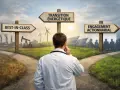 Un médecin réfléchit à un carrefour : industrie polluante, transition énergétique ou engagement actionnarial. Un choix crucial pour le mariage communauté universelle.