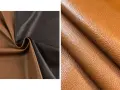 Dos tipos de cuero: uno liso en marrón y negro, y otro con textura granulada en tono coñac.