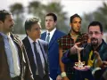 Adam Sandler w swoich kultowych rolach z filmów. Widać go w różnych stylizacjach, od eleganckiego garnituru po luźniejszy strój z naszyjnikiem.