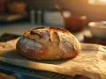 Ein rustikales Sauerteigbrot liegt auf Backpapier. Die Kruste ist goldbraun, aber das Brot geht nicht auf, was auf einen Backfehler hindeutet.