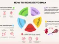 Infographic on increasing VO2 max, covering common mistakes, progress monitoring, and training strategies. A VO2 max of 50 is a good target.