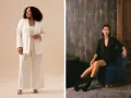 Mujer con traje blanco elegante y mujer con traje negro chic, ambos perfectos para un dress code gala.