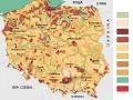 Mapa przedstawiająca zróżnicowanie gleb w Polsce, z zaznaczonymi miastami i granicami państwowymi.