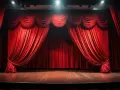 Czerwone, aksamitne zasłony w teatrze, gotowe do odsłonięcia sceny. Podłoga lśni, a światła z góry oświetlają pustą przestrzeń, czekającą na spektakl.